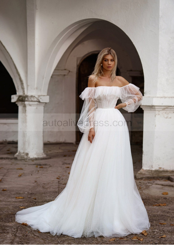 Off Shoulder Ivory Polka Dots Tulle Sweet Wedding Dress